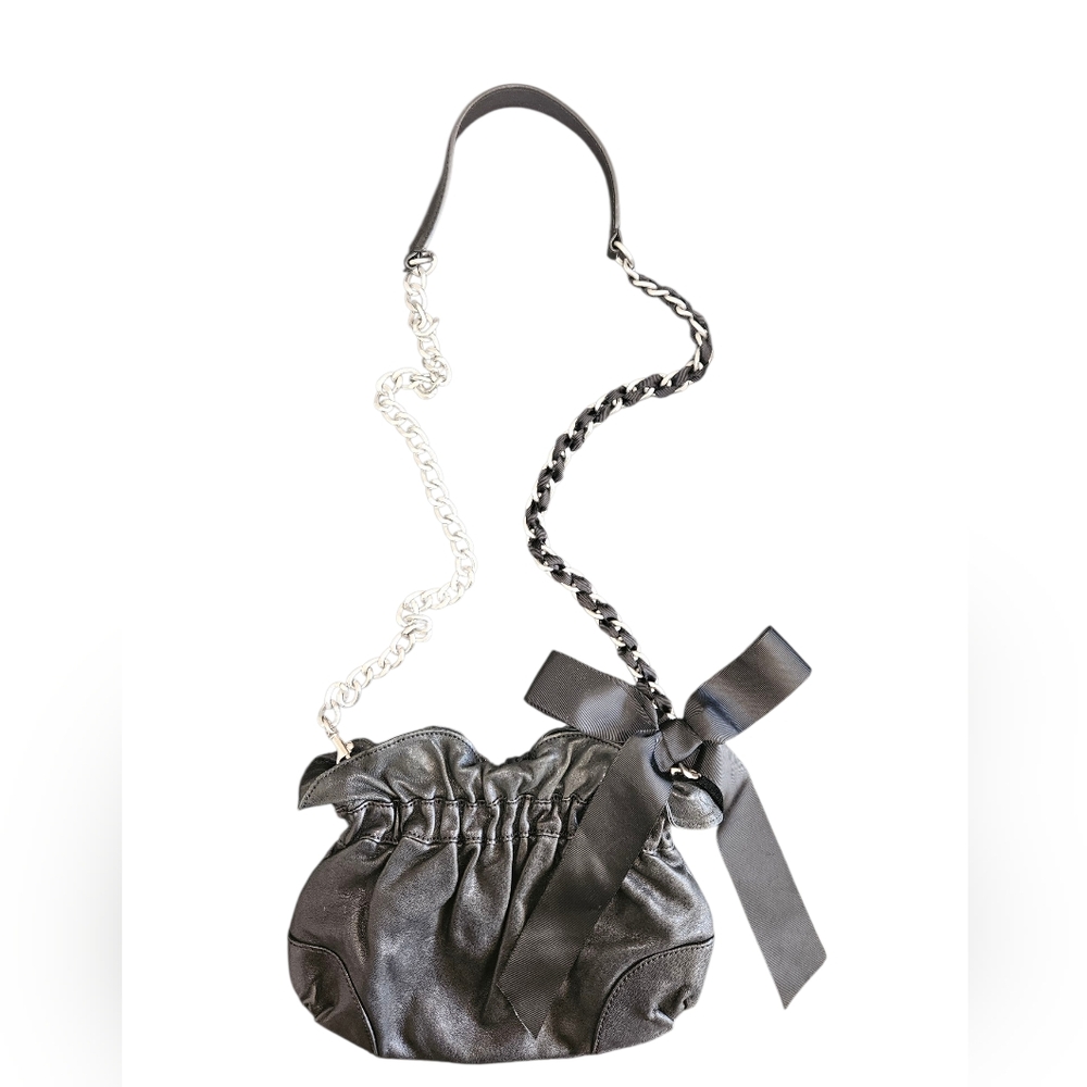 Ann Taylor Black Leather Chain Link Ribbon Crossbody Bag